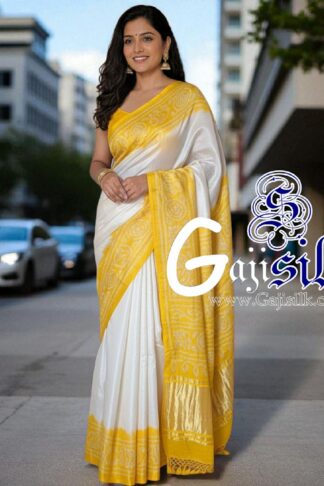 Yellow White Panetar Ras Mandal Bandhani Saree Pure Gaji Silk