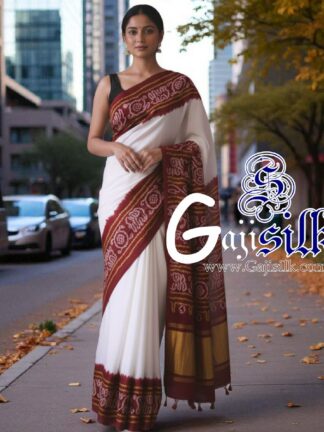 Marron White Panetar Ras Mandal Bandhani Saree Pure Gaji Silk