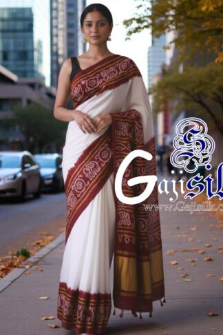 Marron White Panetar Ras Mandal Bandhani Saree Pure Gaji Silk