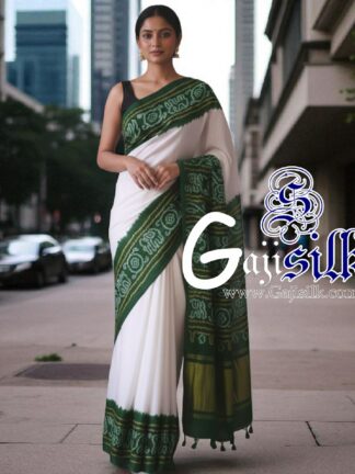 Green White Panetar Ras Mandal Bandhani Saree Pure Gaji Silk