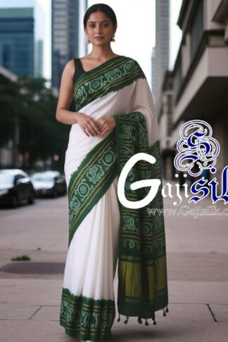 Green White Panetar Ras Mandal Bandhani Saree Pure Gaji Silk