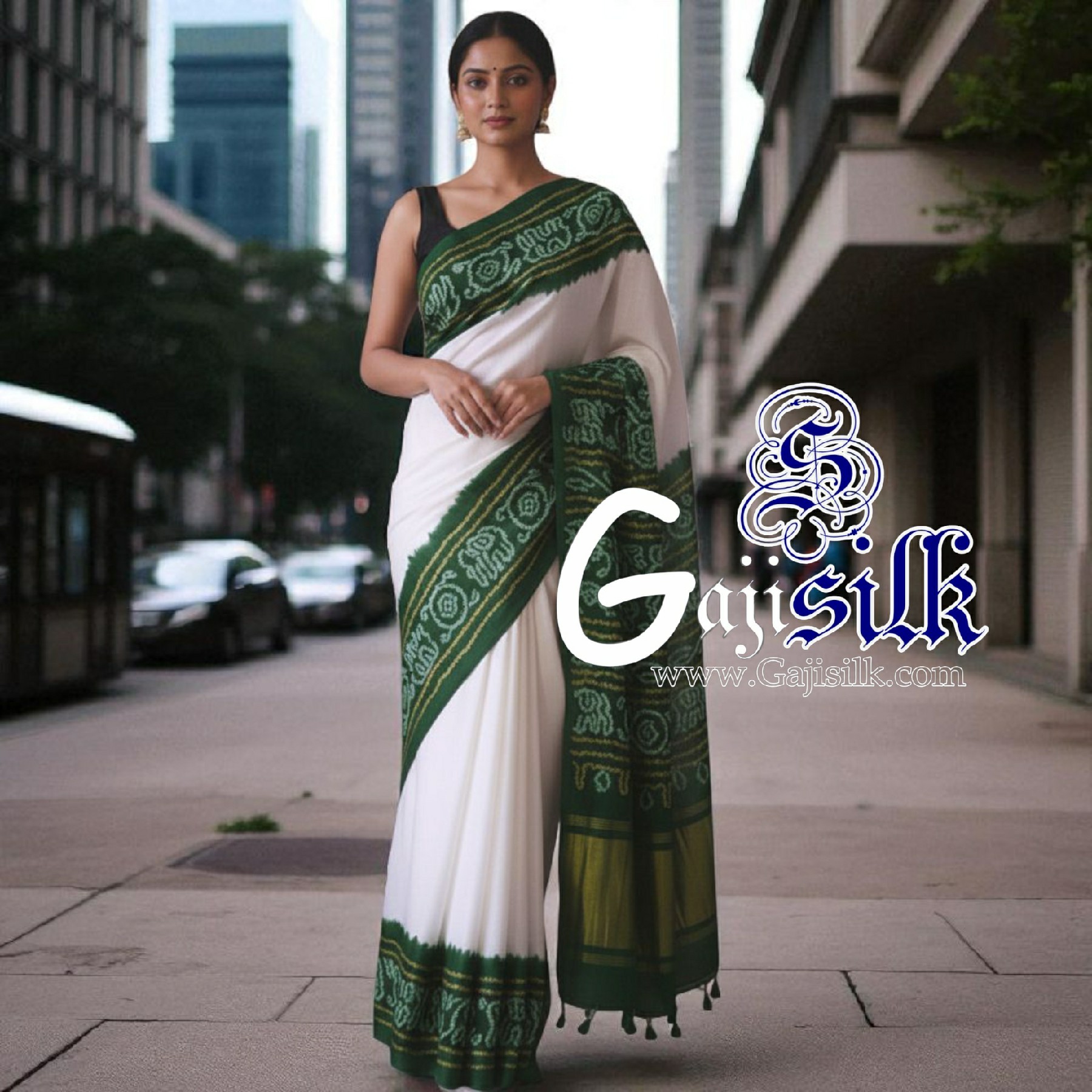 Green White Panetar Ras Mandal Bandhani Saree Pure Gaji Silk