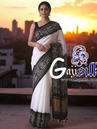 Black White Panetar Ras Mandal Bandhani Saree Pure Gaji Silk
