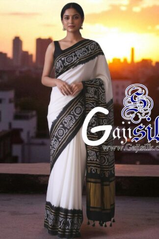 Black White Panetar Ras Mandal Bandhani Saree Pure Gaji Silk