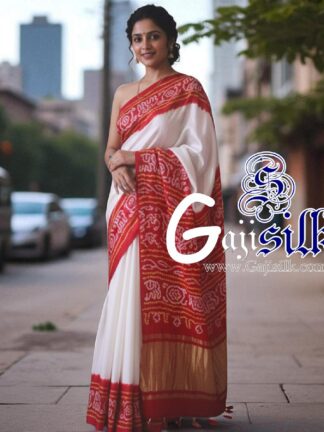 Red White Panetar Ras Mandal Bandhani Saree Pure Gaji Silk