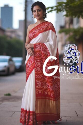 Red White Panetar Ras Mandal Bandhani Saree Pure Gaji Silk