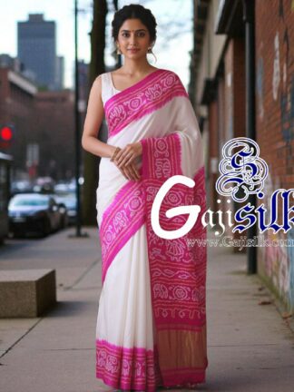 Pink White Panetar Ras Mandal Bandhani Saree Pure Gaji Silk