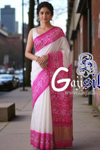 Pink White Panetar Ras Mandal Bandhani Saree Pure Gaji Silk
