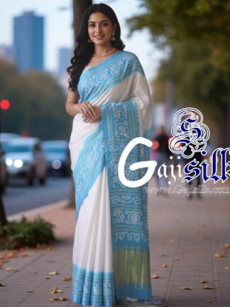 Sky White Panetar Ras Mandal Bandhani Saree Pure Gaji Silk