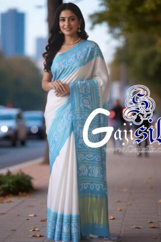 Sky White Panetar Ras Mandal Bandhani Saree Pure Gaji Silk