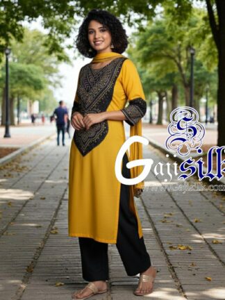 Yellow Black Abha Bandhani Pure Gaji Silk Dress Material