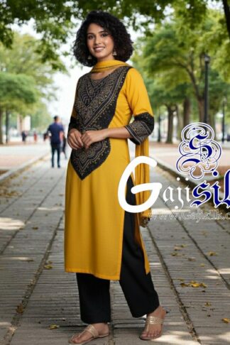 Yellow Black Abha Bandhani Pure Gaji Silk Dress Material