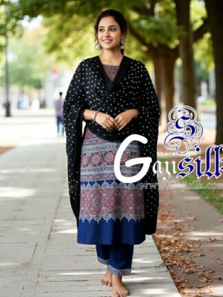 Blue Black Bandhani Ajrak Suit Gaji Silk Dress Material
