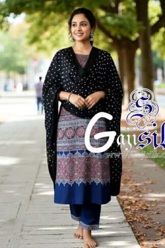 Blue Black Bandhani Ajrak Suit Gaji Silk Dress Material