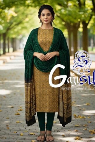 Haldi Green Bandhani Ajrak Suit Gaji Silk Dress Material