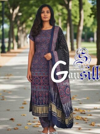 Blue Black Bandhani Ajrak Suit Gaji Silk Dress Material Designer