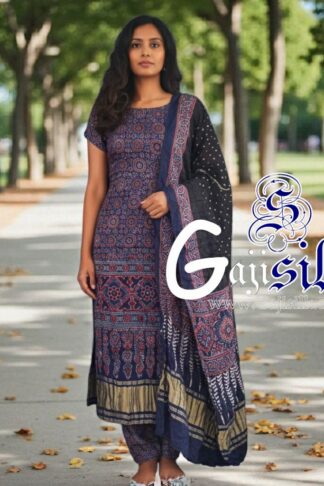 Blue Black Bandhani Ajrak Suit Gaji Silk Dress Material Designer