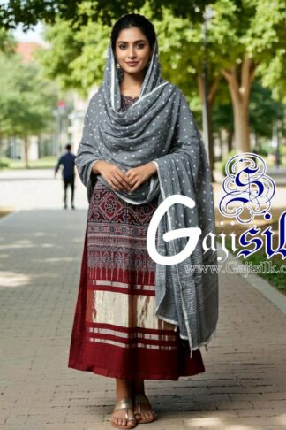 Marron Silver Bandhani Ajrak Suit Gaji Silk Dress Material