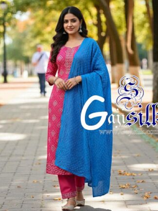 Pink Sky Square Bandhani Suit Pure Gaji Silk Dress Material