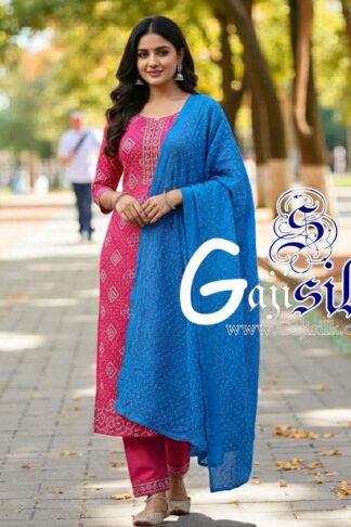 Pink Sky Square Bandhani Suit Pure Gaji Silk Dress Material