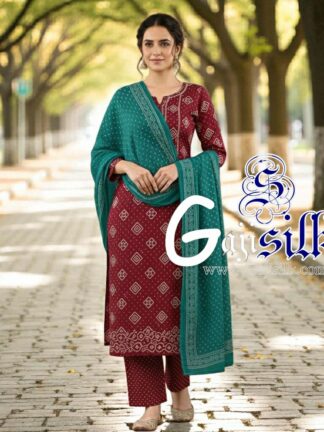 Marron Rama Square Bandhani Suit Pure Gaji Silk Dress Material