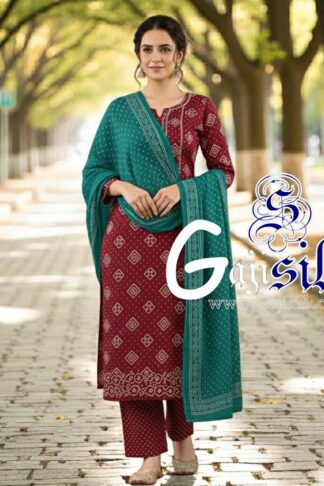 Marron Rama Square Bandhani Suit Pure Gaji Silk Dress Material