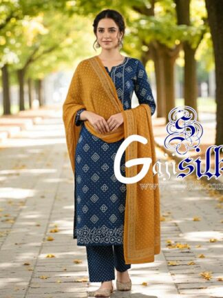 Navy Mustered Square Bandhani Suit Pure Gaji Silk Dress Material