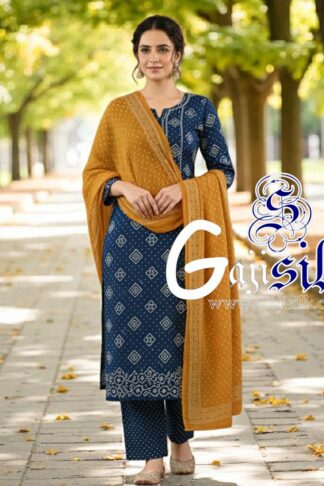 Navy Mustered Square Bandhani Suit Pure Gaji Silk Dress Material