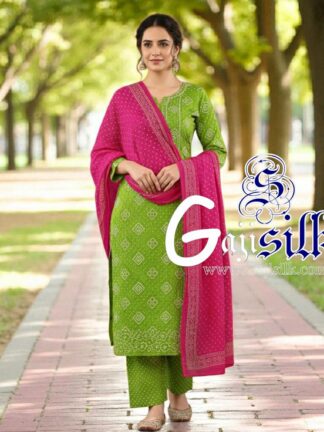 Parrot Pink Square Bandhani Suit Pure Gaji Silk Dress Material