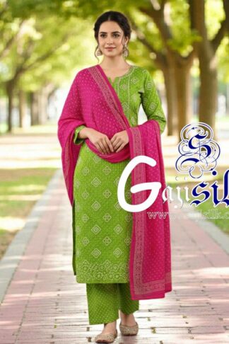 Parrot Pink Square Bandhani Suit Pure Gaji Silk Dress Material