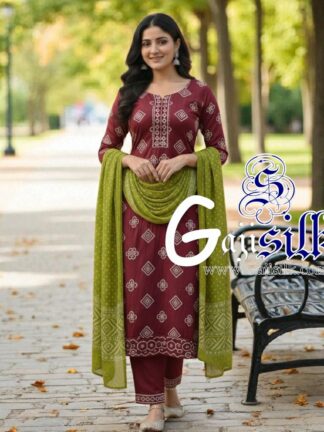 Marron Mehendi Square Bandhani Suit Pure Gaji Silk Dress Material