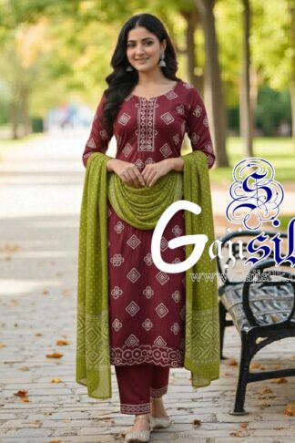 Marron Mehendi Square Bandhani Suit Pure Gaji Silk Dress Material