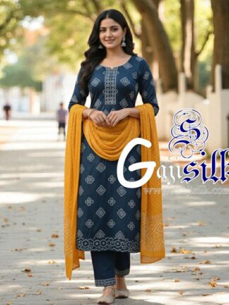 T Blue Golden Square Bandhani Suit Pure Gaji Silk Dress Material