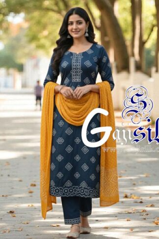 T Blue Golden Square Bandhani Suit Pure Gaji Silk Dress Material