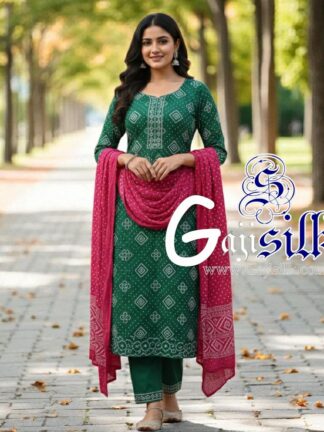 Green RaniPink Square Bandhani Suit Pure Gaji Silk Dress Material