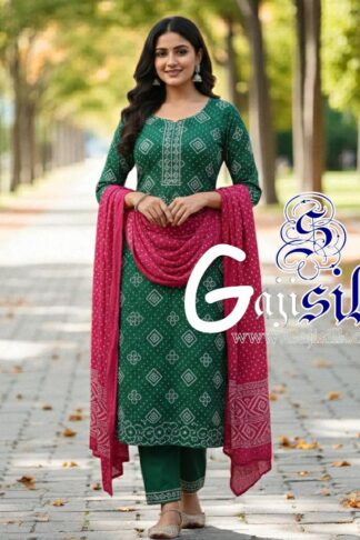 Green RaniPink Square Bandhani Suit Pure Gaji Silk Dress Material