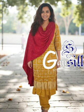 Mustered Yellow Red Bandhani Suit Pure Gaji Silk Gharchola Dress Material