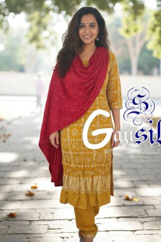 Mustered Yellow Red Bandhani Suit Pure Gaji Silk Gharchola Dress Material