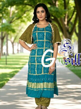 Sky Mehendi Bandhani Suit Pure Gaji Silk Gharchola Dress Material