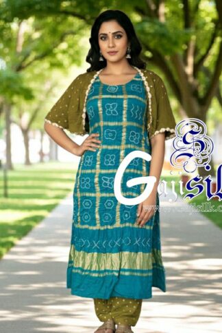 Sky Mehendi Bandhani Suit Pure Gaji Silk Gharchola Dress Material