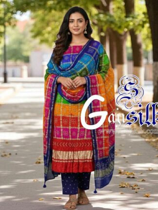Red Purple Bandhani Suit Pure Gaji Silk Gharchola Dress Material