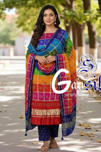 Red Purple Bandhani Suit Pure Gaji Silk Gharchola Dress Material