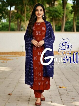 Red Purple Bandhani Suit Gaji Silk Dress Material Designer