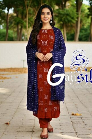 Red Purple Bandhani Suit Gaji Silk Dress Material Designer