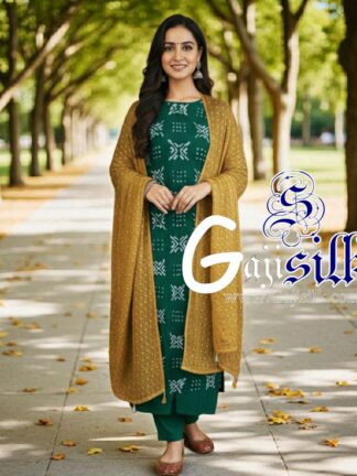 Green Mustered Bandhani Suit Gaji Silk Dress Material Designer