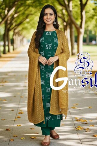 Green Mustered Bandhani Suit Gaji Silk Dress Material Designer