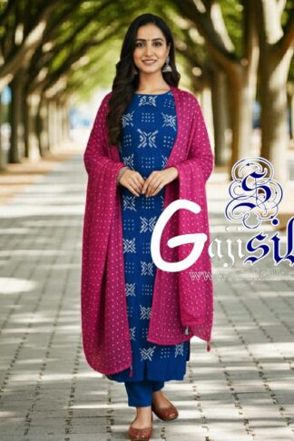 Blue Pink Bandhani Suit Gaji Silk Dress Material Designer
