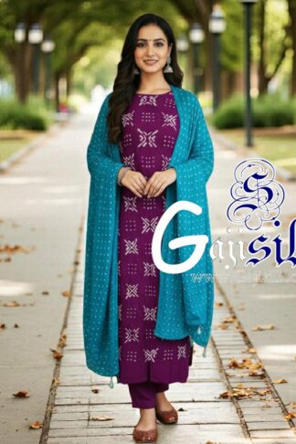 Magenta Sky Bandhani Suit Gaji Silk Dress Material Designer