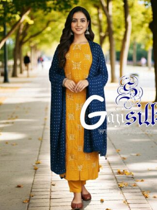 Golden Blue Bandhani Suit Gaji Silk Dress Material Designer