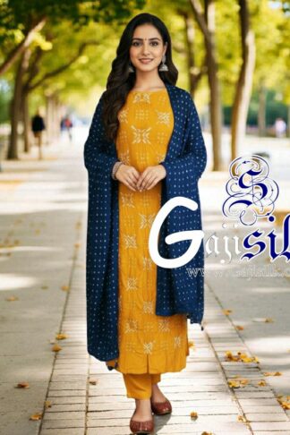 Golden Blue Bandhani Suit Gaji Silk Dress Material Designer
